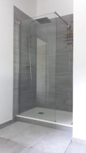 eine Dusche mit Glastür im Bad in der Unterkunft chambre d'hôtes chez Jessica et Pascal in Barjols