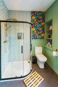 uma casa de banho com um chuveiro e um WC. em Loft Fach em Tregaron