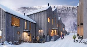 grupa ludzi stojących przed budynkiem w śniegu w obiekcie Viste Funäsdalen w mieście Funäsdalen