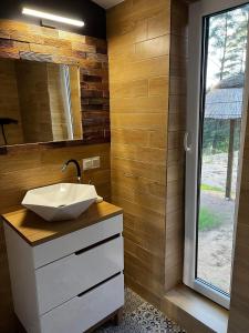 La salle de bains est pourvue d'un lavabo et d'un miroir. dans l'établissement Brama Do Lasu - Domek Mocy, à Borków