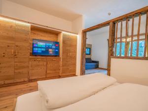 1 dormitorio con 1 cama y TV en una habitación en Amazing Apartment in Neustift im Stubaital near Ski Lift, en Neustift im Stubaital
