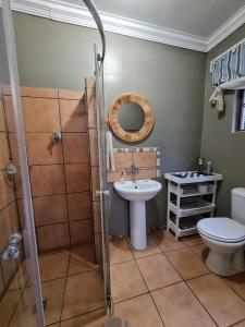 a bathroom with a sink and a toilet and a shower at La Luna @ Misty Mountains in Studholme