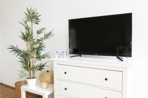 a living room with a tv on a white dresser at Sunny Apartment near Belvedere Castle in Vienna