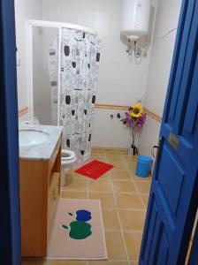uma casa de banho com um lavatório, um WC e um chuveiro em Stardust House Vegueta em Las Palmas de Gran Canaria