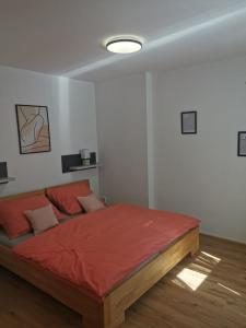 een slaapkamer met een groot bed en een rode deken bij Apartmán Bart's in Znojmo