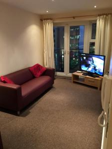 a living room with a couch and a flat screen tv at Newcastle Executive Apartment in Newcastle upon Tyne