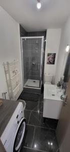 a bathroom with a shower and a sink and a toilet at Résidence du soleil in Béziers