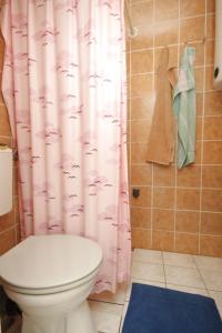 a bathroom with a pink shower curtain and a toilet at Apartments with a parking space Liznjan, Medulin - 7224 in Ližnjan