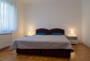 a bedroom with a large bed with blue pillows at Apartments with a parking space Peroj, Fazana - 7254 in Vodnjan