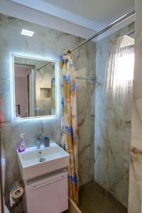 a bathroom with a sink and a shower with a mirror at Villa Ani in Borsh