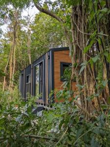 a black and brown tiny house in the woods at Jungle Wagon - Ecovillage Hainburg in Hainburg an der Donau