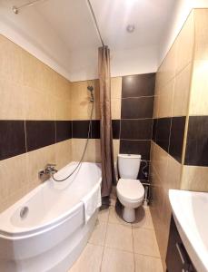 a bathroom with a tub and a toilet and a sink at Warsaw Concierge Franciszkańska Old Town in Warsaw