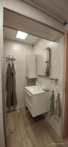 a bathroom with a white sink and a mirror at Galeriehaus "Bootsmann" 
