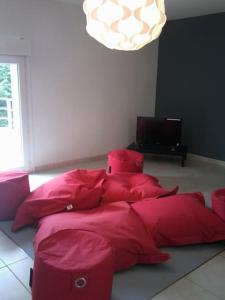 1 cama con almohadas rojas en el suelo en una habitación en Mas catalan avec piscine privative, en Camélas