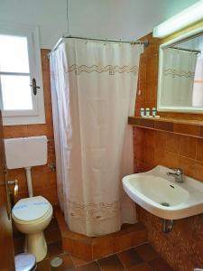 a bathroom with a shower curtain and a toilet and sink at Poseidon Hotel in Ios Chora