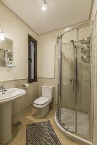 Un baño con inodoro, lavabo y ducha. en Casa Angelita Y Pablo, en Playa Blanca