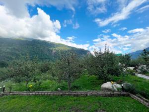 a view of a field with trees and mountains at Molly's Cottage in Manāli