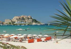 - une plage avec des parasols et des personnes sur la plage dans l'établissement maison cosy climatisée avec piscine et jardin, à Calenzana