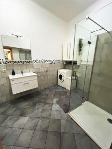 a bathroom with a shower sink and a washing machine at Viktorija City Center Apartment in Ljubljana