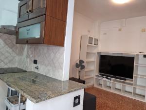 a kitchen with a counter and a tv in a room at Apt by Trieste University in Trieste