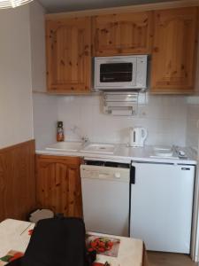 a kitchen with a white refrigerator and a microwave at Les Terrasses de la Foux Coquet studio 100m Labrau 4 couchages in La Foux