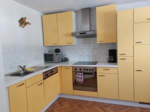 Stainach的住宿－Grimmingapartment Maier，厨房配有黄色橱柜、水槽和炉灶。