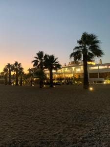 a beach with palm trees in front of a building at Casa Marconi in Aragona