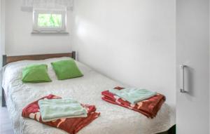 a bed with green and red towels on it at Cozy Apartment In Dominikowo With Wifi in Dominikowo