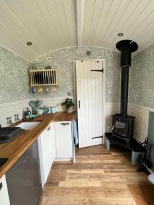 uma cozinha com um fogão a lenha num quarto em The Hazel Hut em Westport