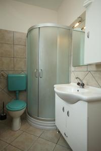 a bathroom with a shower and a toilet and a sink at Apartments with a parking space Medulin - 7328 in Medulin