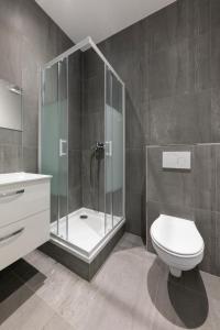 e bagno con doccia, servizi igienici e lavandino. di IQS Rooms - Chambre double avec salle de bain a Lussemburgo