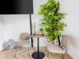 een tafel en stoelen in een kamer met een plant bij limehome Amsterdam Hemonystraat - Digital access in Amsterdam