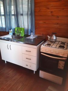 a small kitchen with a stove and a sink at Verde y Sol en la Colonia Bungalows y Cabañas in Concepción del Uruguay