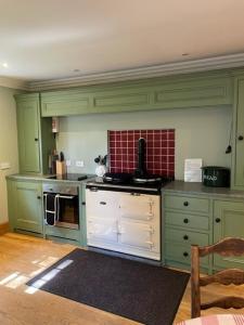 kuchnia z zielonymi szafkami i kuchenką w obiekcie Find Me Out Holiday Cottage w mieście Dalmellington