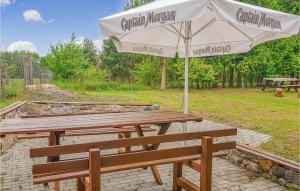 a picnic table with an umbrella in a park at Awesome Apartment In Dominikowo in Dominikowo