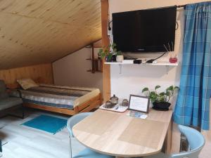 um quarto com uma mesa e uma cama e uma televisão em Apartament fort Owcza Góra na poddaszu em Klodzko