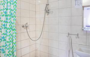 La salle de bains est pourvue d'une douche avec rideau de douche. dans l'établissement Awesome Apartment In Dominikowo With Wifi, à Dominikowo