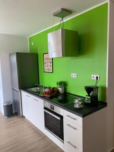 een groene keuken met een fornuis en een koelkast bij eifel24, neu, modern mit Dachterrasse in Schwirzheim