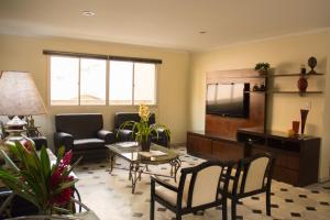 Mariano Palace Hotel في كامبيناس: غرفة معيشة مع أريكة وتلفزيون