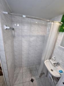 uma casa de banho com um chuveiro e um lavatório. em Бутиков Апартамент - Тракия em Shumen