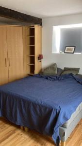 1 dormitorio con 1 cama con manta azul en Clos du Palens Agen - Que des amis, que du bonheur, en Laugnac