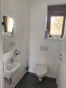 ein weißes Bad mit einem WC und einem Waschbecken in der Unterkunft Michlfarm Lounge in Korneuburg