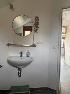 a bathroom with a sink and a mirror on the wall at Michlfarm Lounge in Korneuburg