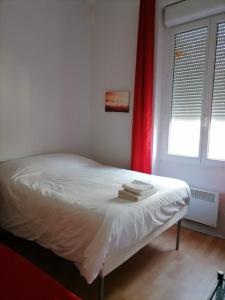Schlafzimmer mit einem Bett mit einem roten Vorhang und einem Fenster in der Unterkunft Bureau Lesparre-médoc, l'estuaire in Lesparre-Médoc