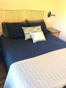 uma cama azul com duas almofadas em cima em The Armadillo Cabin - Cabins At Rim Rock em Austin