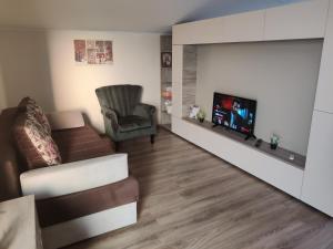 a living room with a couch and a tv at Zen Studio Slatina in Slatina