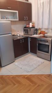 una cucina con elettrodomestici in acciaio inossidabile e mobili in legno di Sirmijum Hause II a Sremska Mitrovica