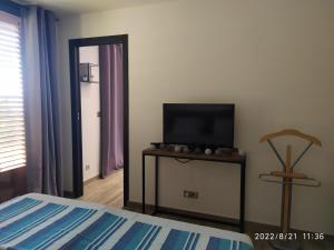 a bedroom with a bed and a tv and a mirror at Appartement 2 pièces - Le Berceau in Castellar