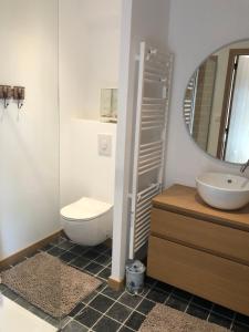a bathroom with a sink and a toilet and a mirror at Chambre d'Hôte Touquet's Garden in Cucq