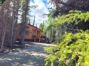 una cabaña en el bosque con un camino de grava delante en Denali Wild Stay - Moose Cabin, Free Wifi, 2 private bedrooms, sleep 6, en Healy